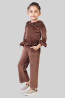 Chocolate Velvet Ruffle Top & Flared Pants Set TSSET40530