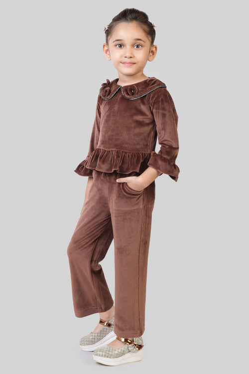 Chocolate Velvet Ruffle Top & Flared Pants Set TSSET40530