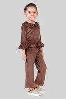 Chocolate Velvet Ruffle Top & Flared Pants Set TSSET40530
