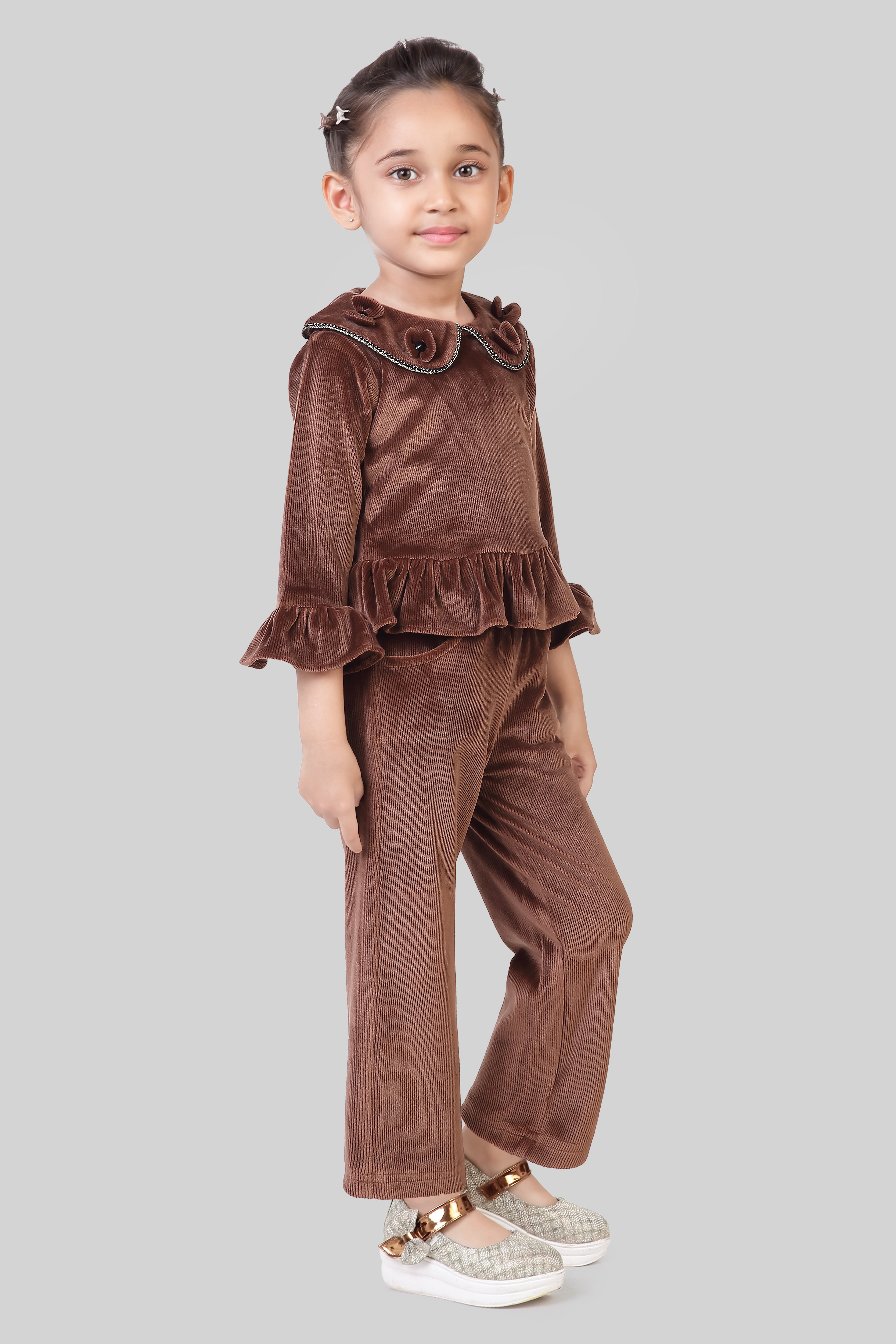 Chocolate Velvet Ruffle Top & Flared Pants Set TSSET40530