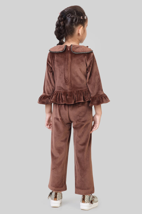 Chocolate Velvet Ruffle Top & Flared Pants Set TSSET40530