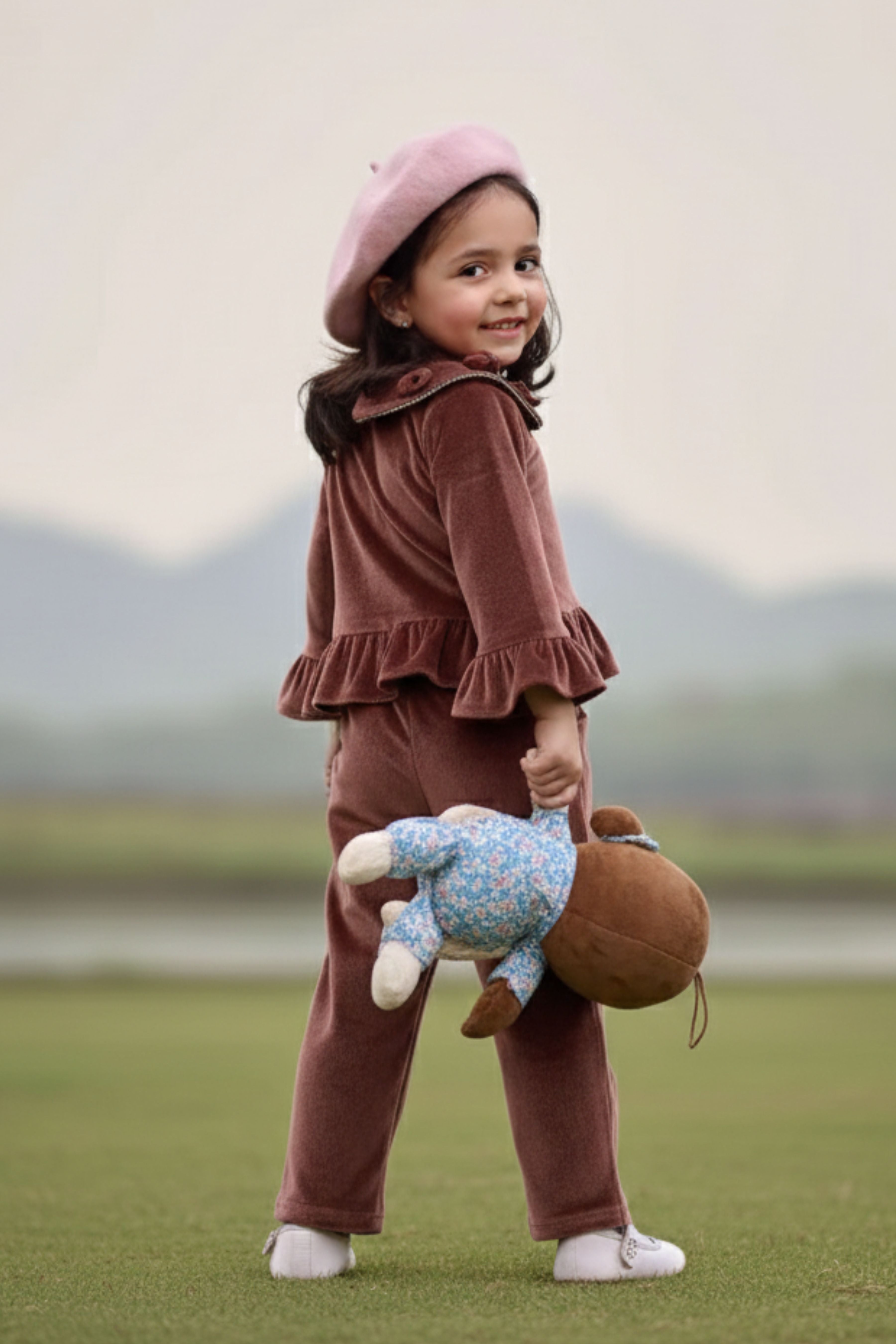 Tressel Brown Velvet Top & Pants Co-ord Set for Girls