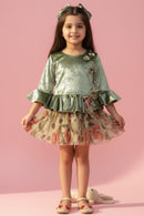 Tressel Olive Green Satin Peplum Top & Printed Skirt Set for Girls | Toddlers