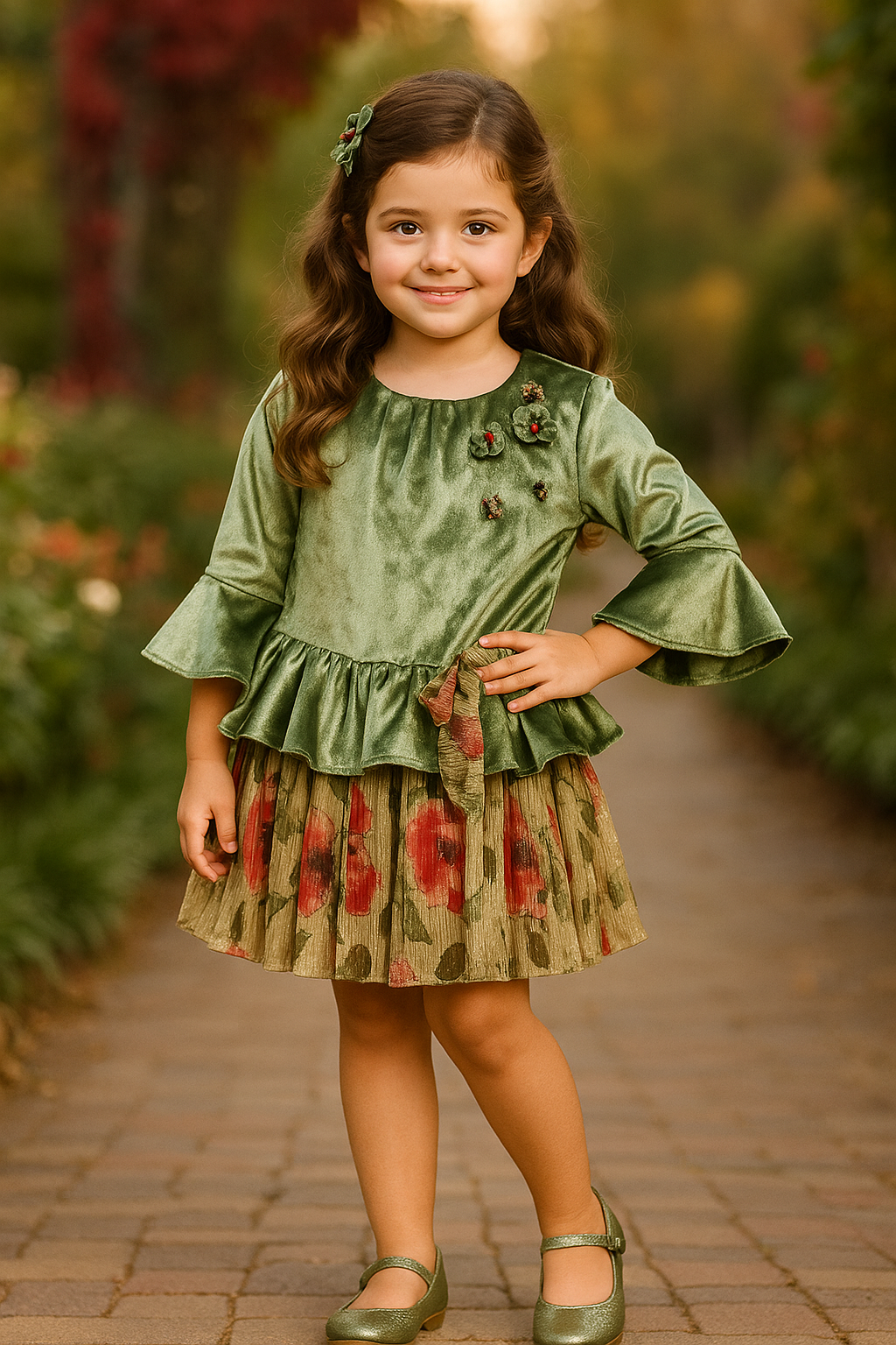 Tressel Olive Green Satin Peplum Top & Printed Skirt Set for Girls