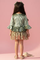 Tressel Olive Green Satin Peplum Top & Printed Skirt Set for Girls | Toddlers