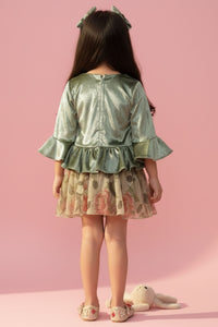 Tressel Olive Green Satin Peplum Top & Printed Skirt Set for Girls | Toddlers