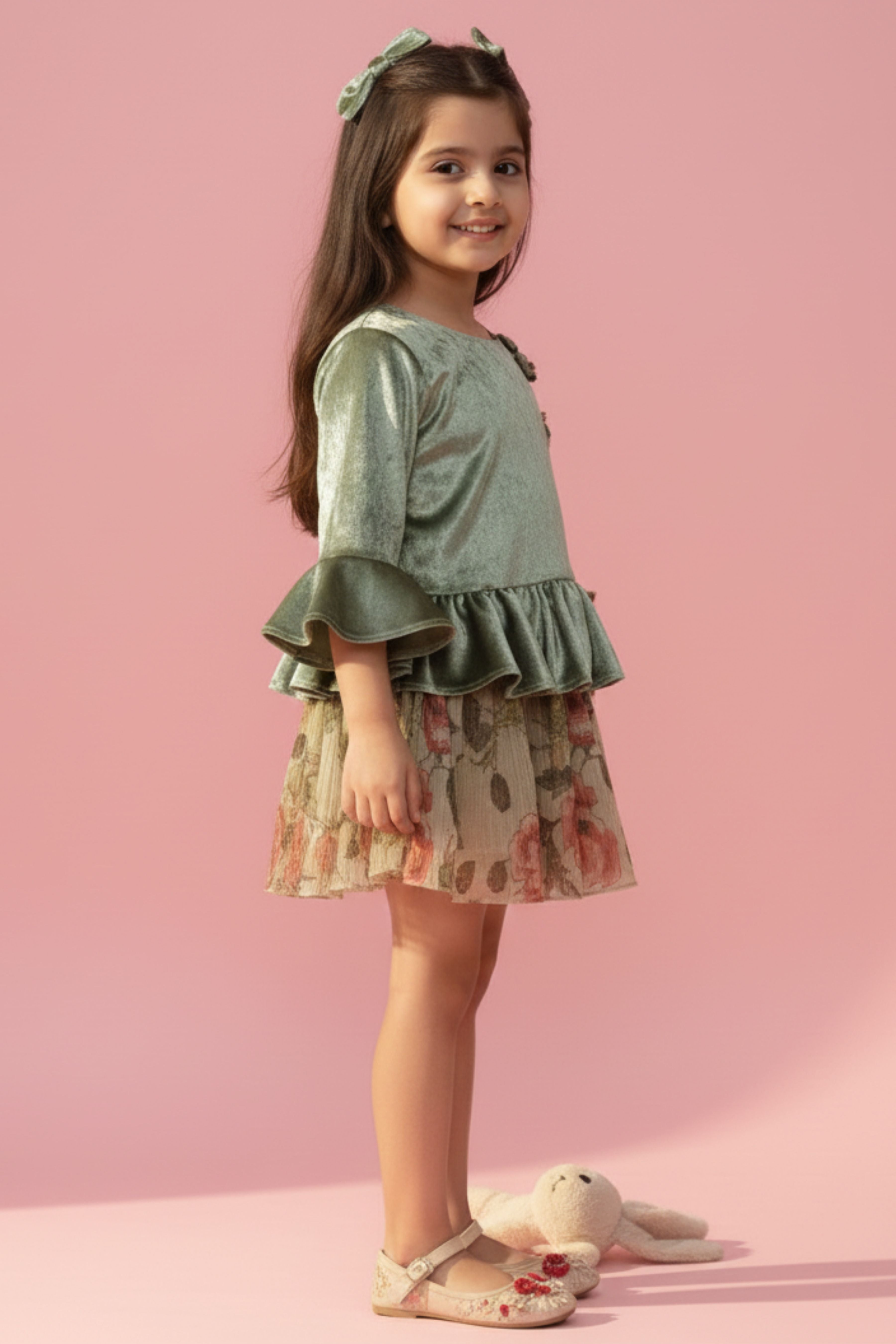 Tressel Olive Green Satin Peplum Top & Printed Skirt Set for Girls | Toddlers