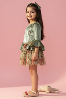 Tressel Olive Green Satin Peplum Top & Printed Skirt Set for Girls | Toddlers