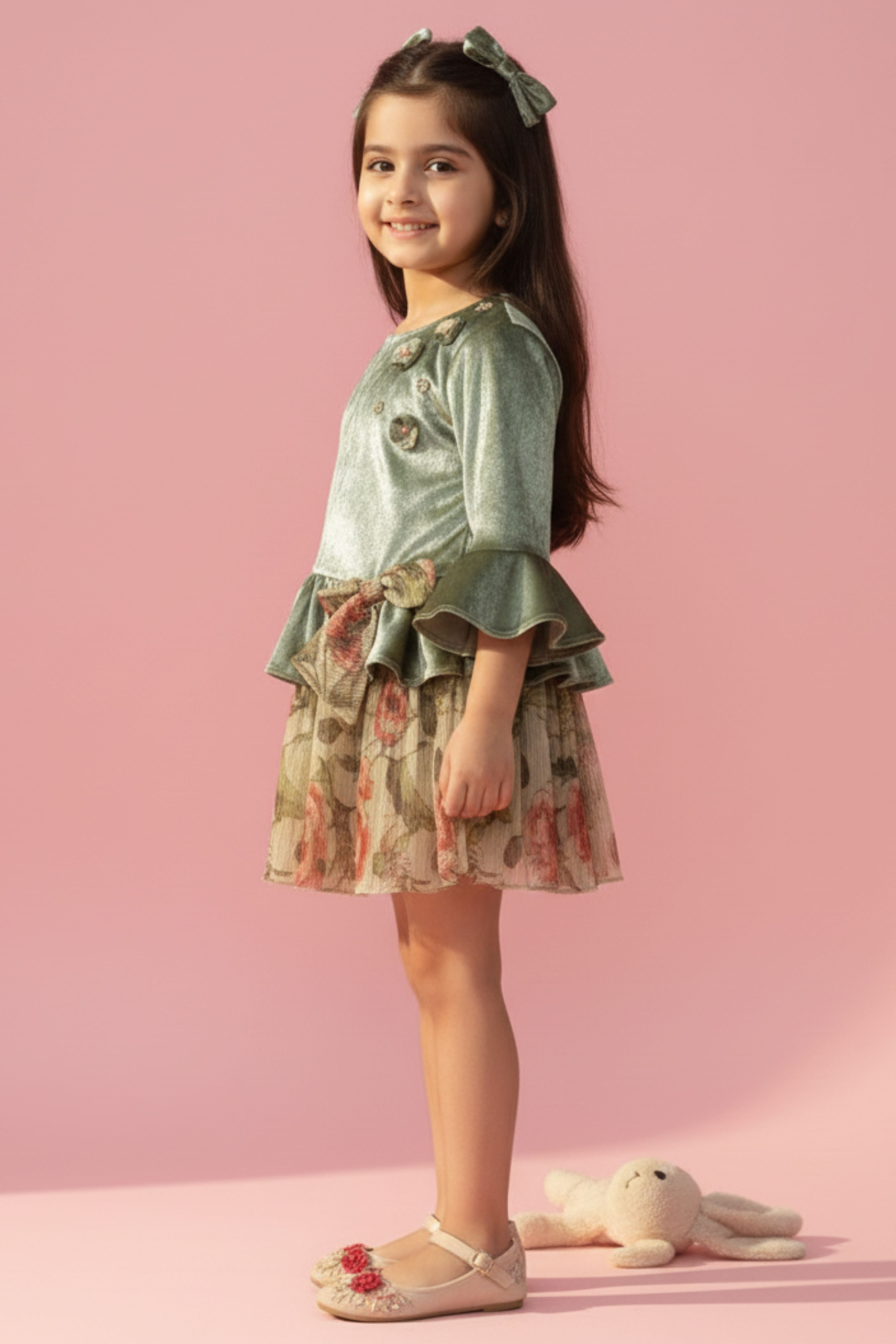 Tressel Olive Green Satin Peplum Top & Printed Skirt Set for Girls | Toddlers