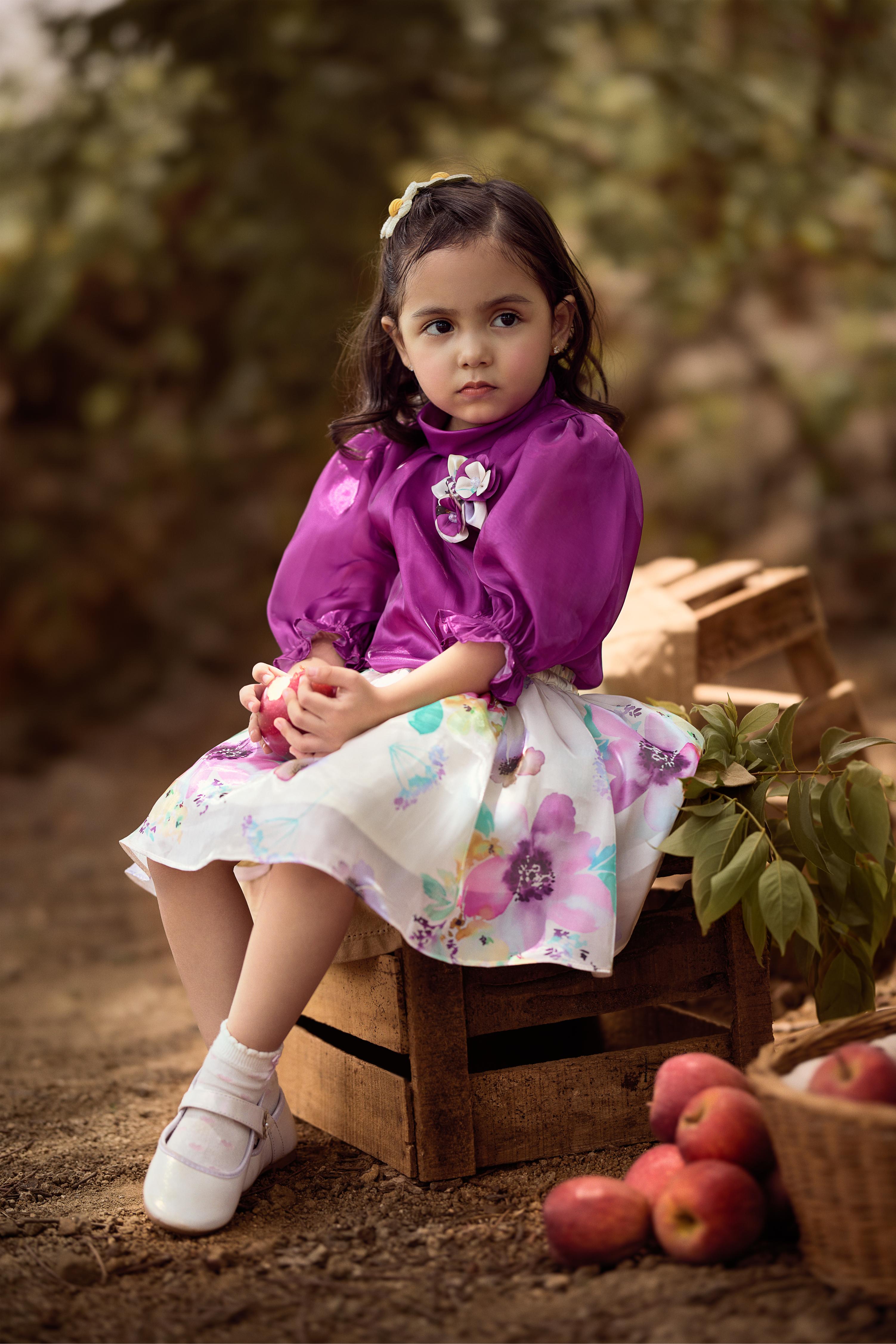 Purple Satin Puff Sleeve Top with Floral Skirt Set TSSET40533