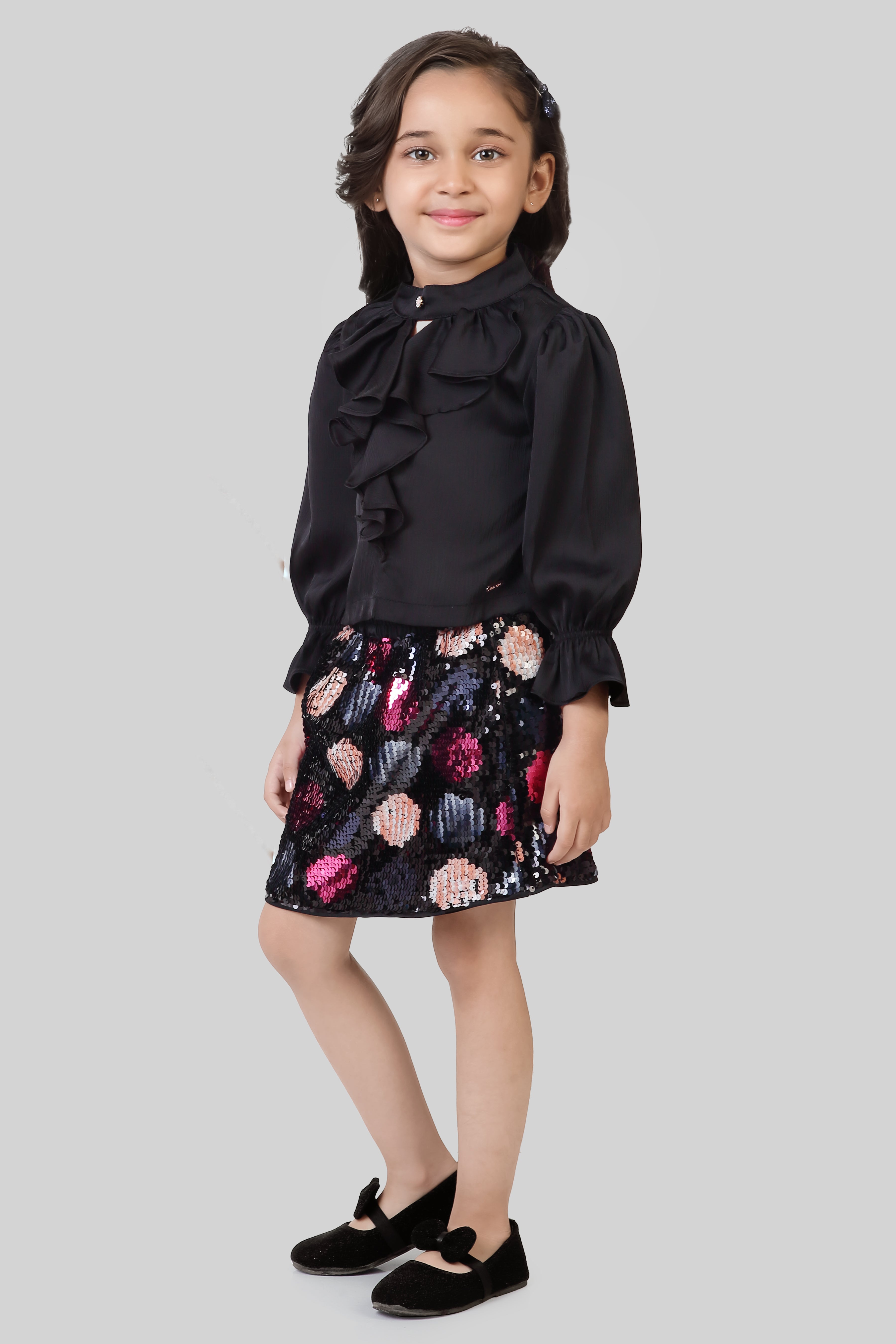 Black Ruffle Blouse & Sequin Skirt Set TSSET40534