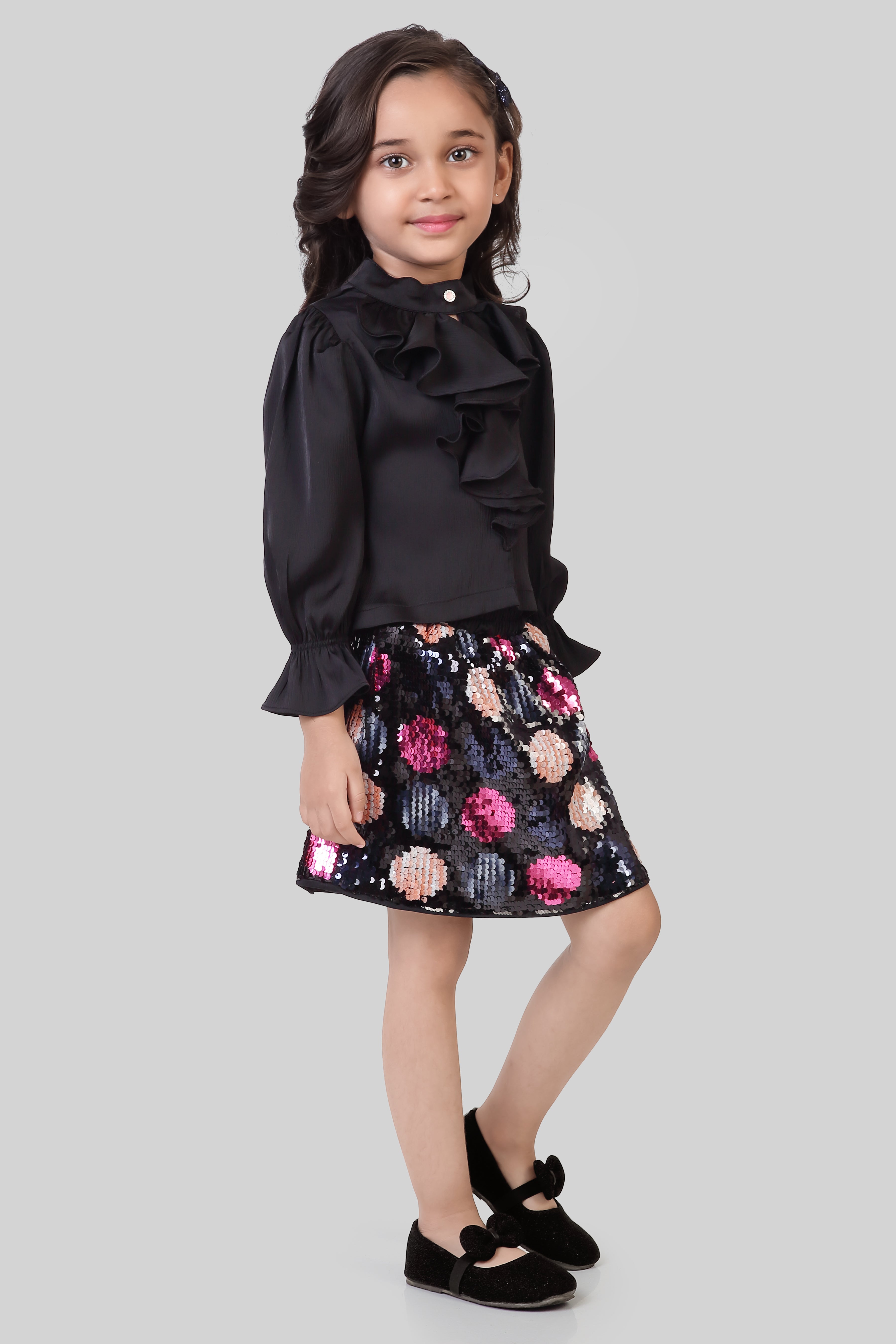Black Ruffle Blouse & Sequin Skirt Set TSSET40534