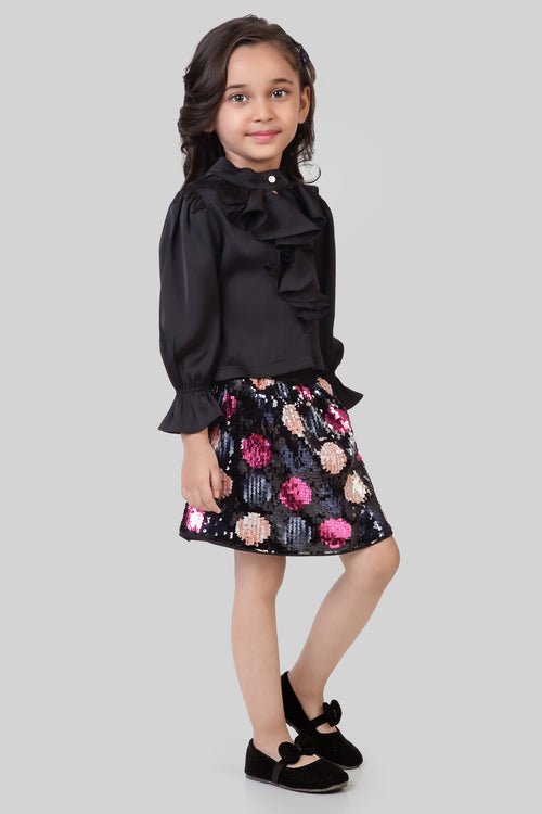 Black Ruffle Blouse & Sequin Skirt Set TSSET40534