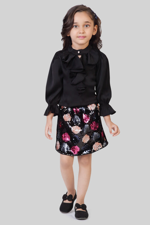 Black Ruffle Blouse & Sequin Skirt Set TSSET40534