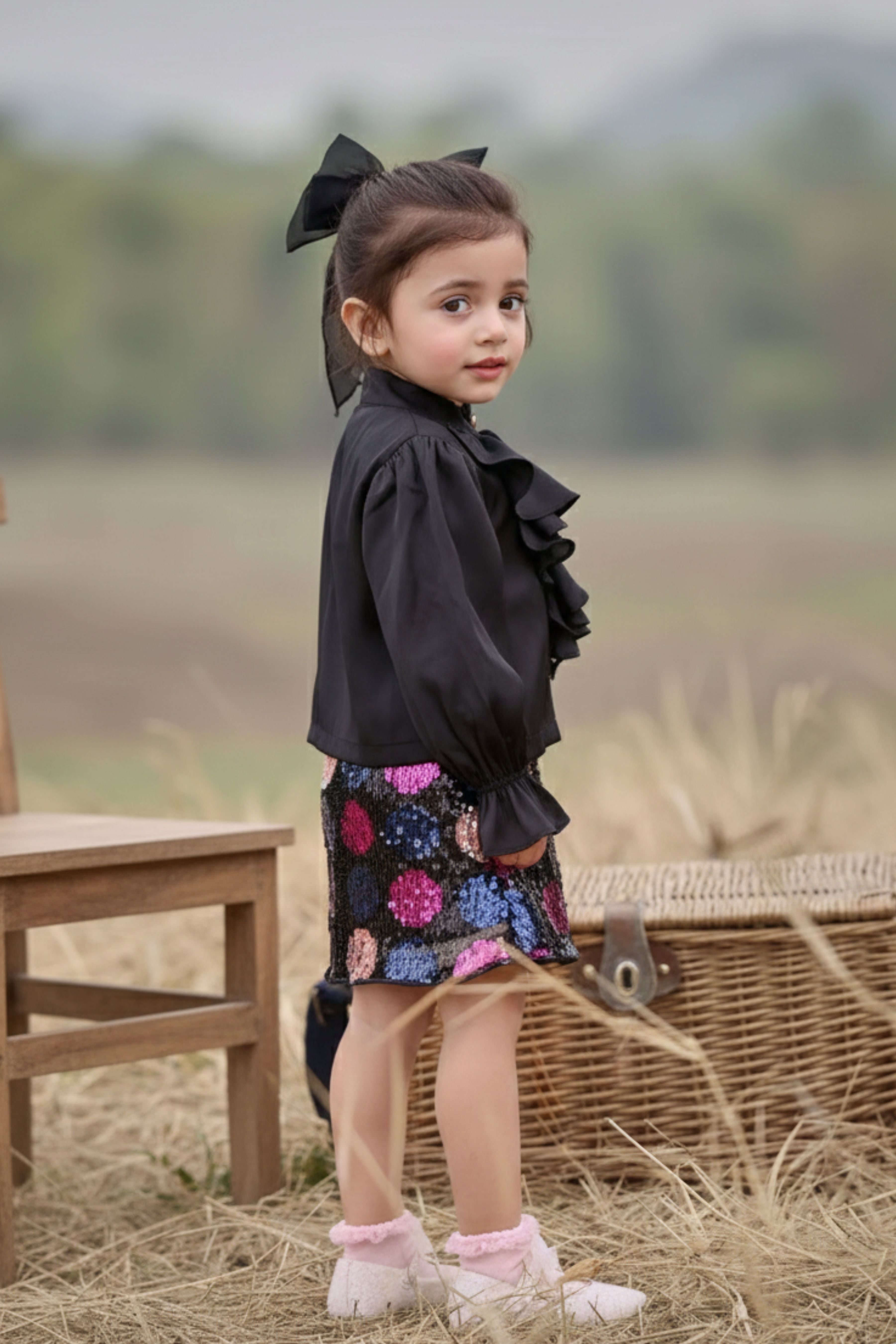 Tressel Girls Dress Black Printed Cotton Party Wear
