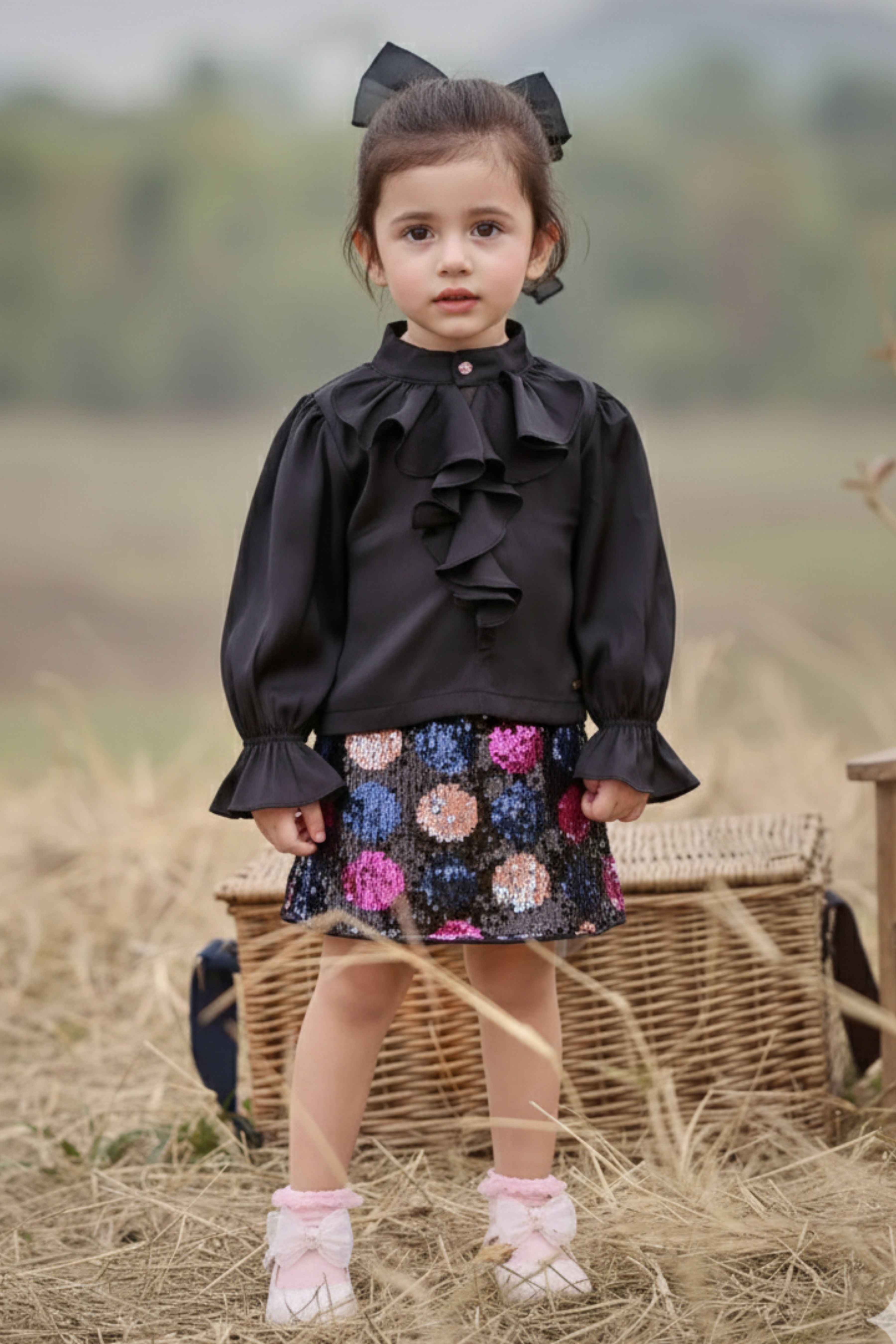 Tressel Girls Dress Black Printed Cotton Party Wear