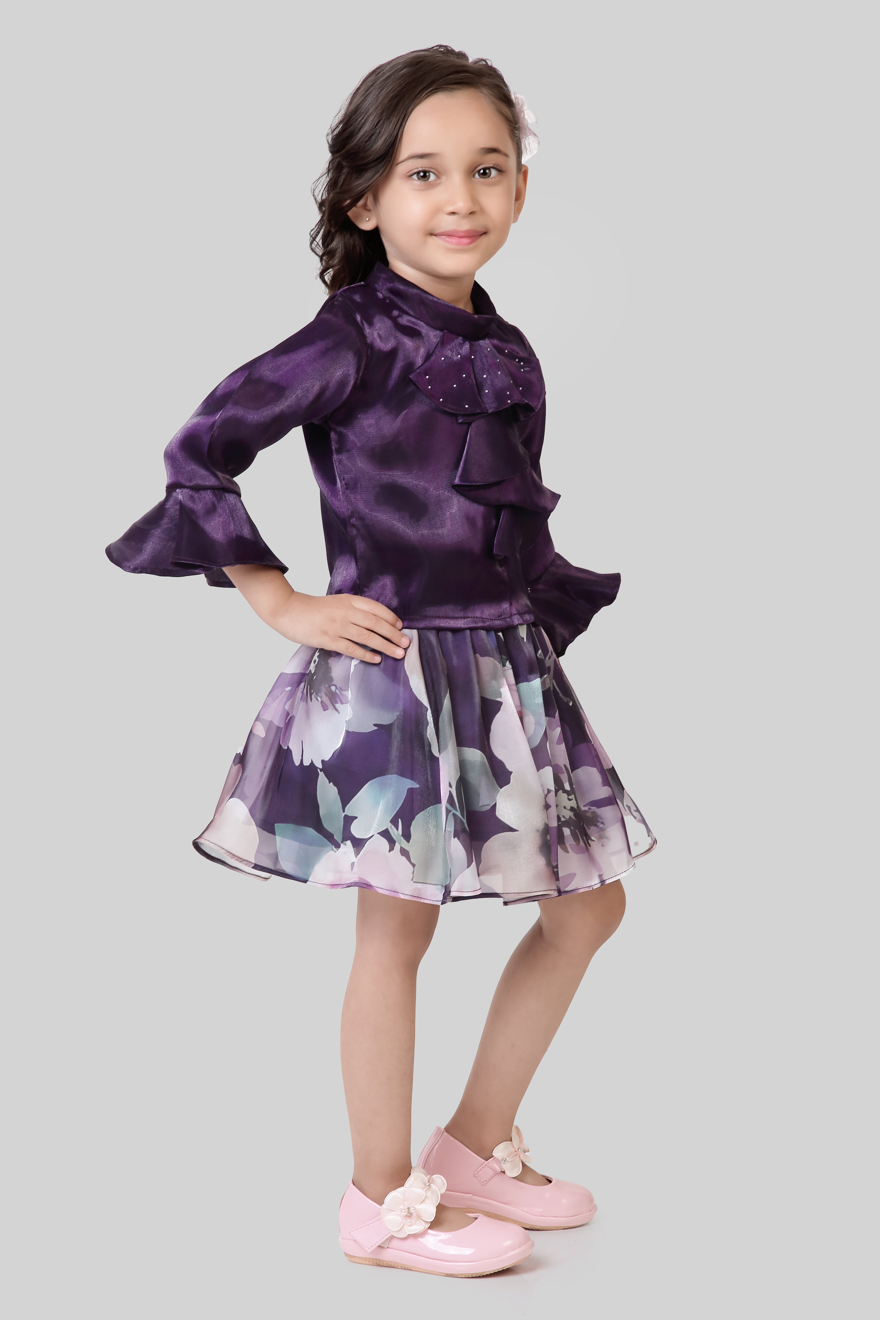 Plum Ruffle Top & Floral Skirt Set TSSET40535