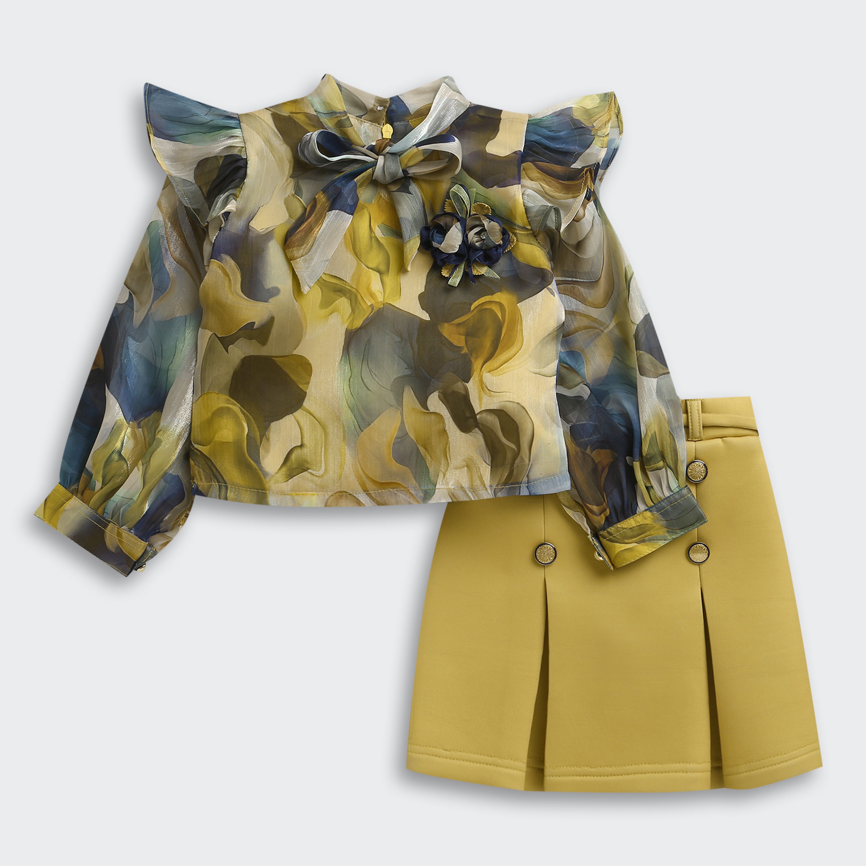 Girls Olive Floral Blouse & Mustard Skirt Set TSSET40546