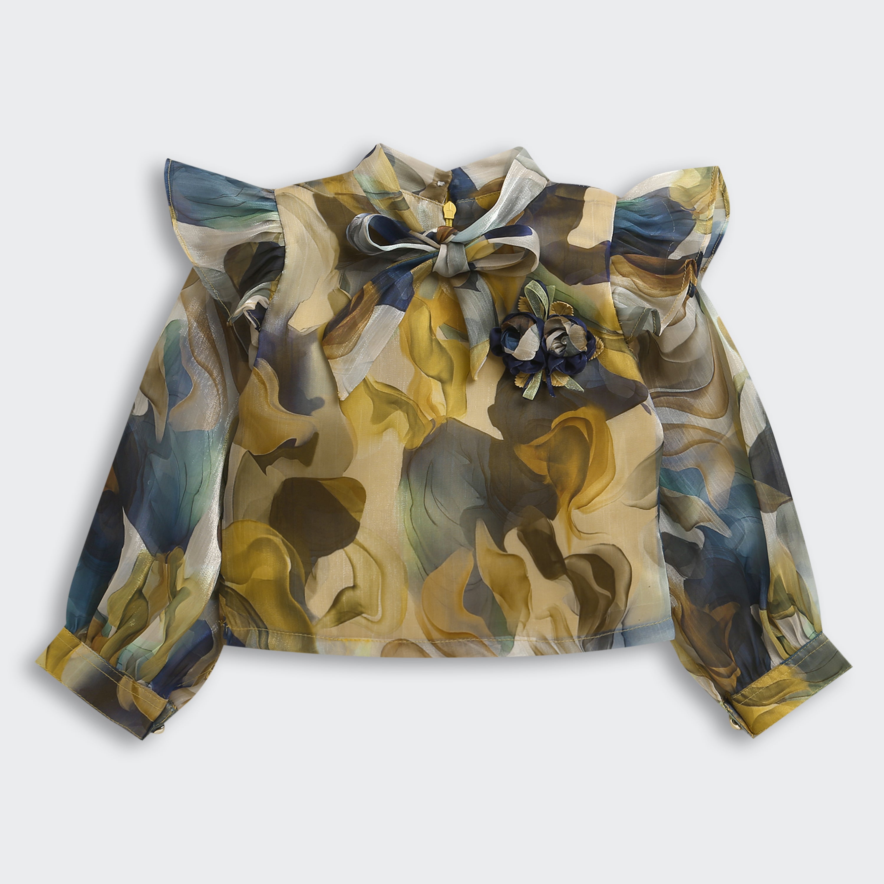 Girls Olive Floral Blouse & Mustard Skirt Set TSSET40546