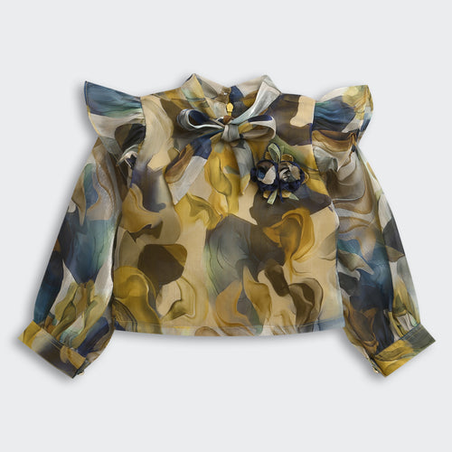 Girls Olive Floral Blouse & Mustard Skirt Set TSSET40546