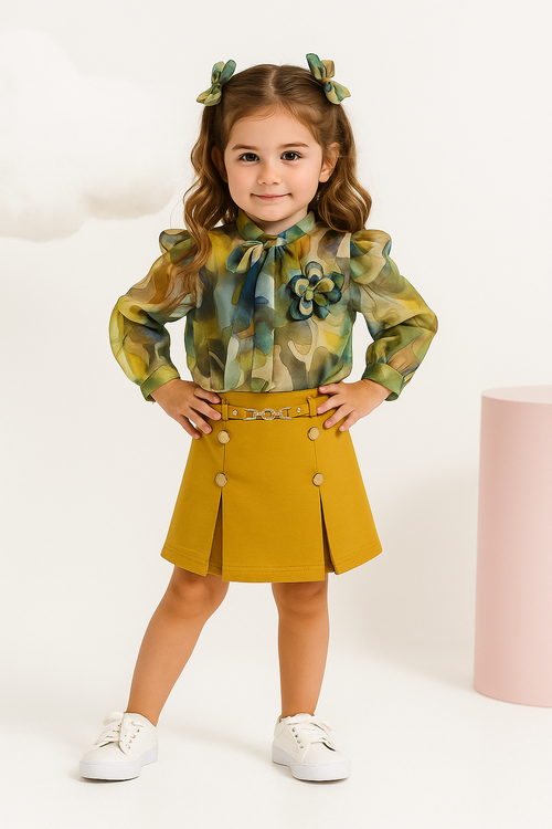 Girls Olive Floral Blouse & Mustard Skirt Set TSSET40546