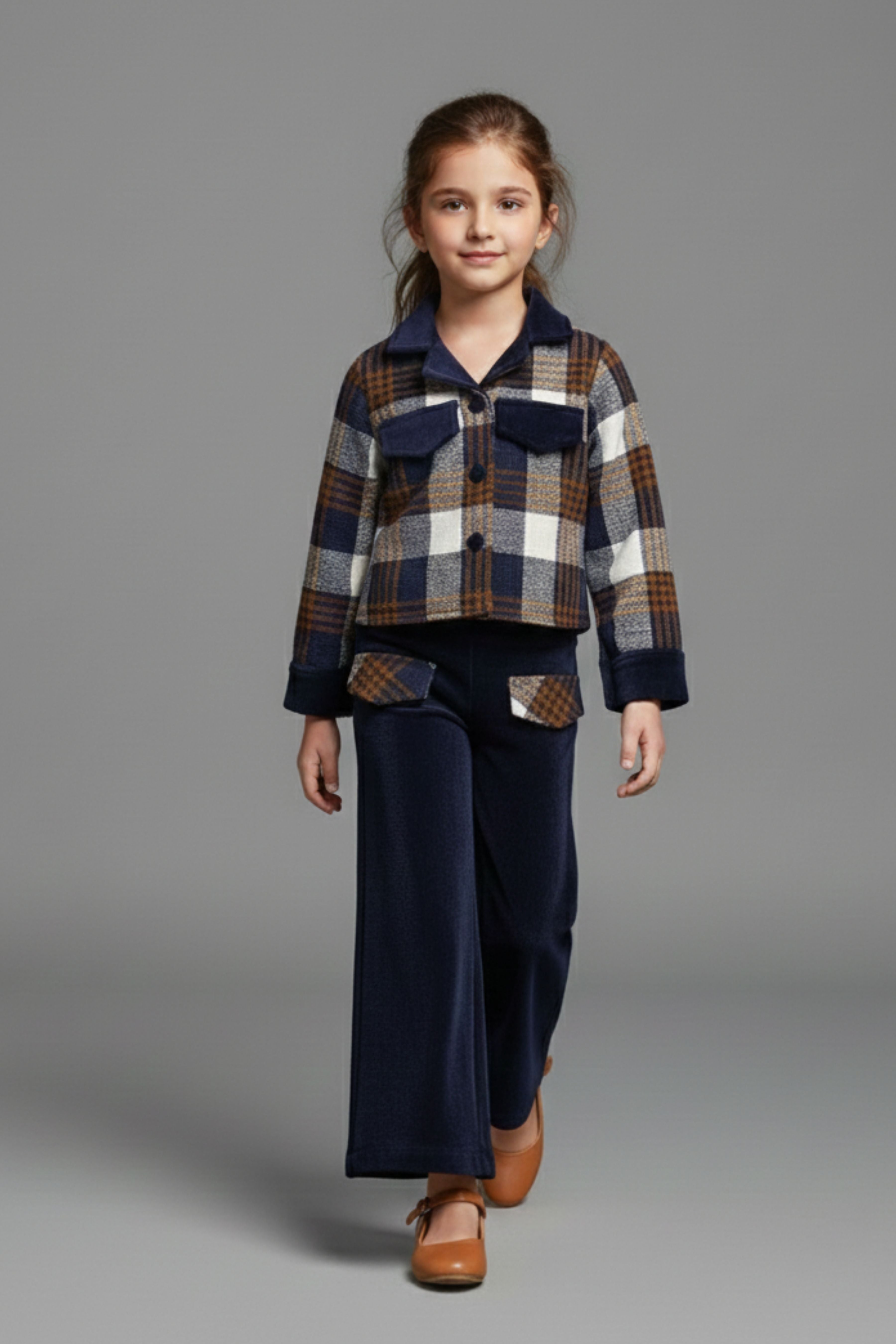 Tressel Girl Girls Co Ord Set Navy Blue Checked Cotton Winter Wear