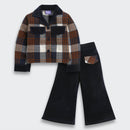 TresselGirls Navy Blue Checkered Jacket & Velvet Pant Co-Ord Set