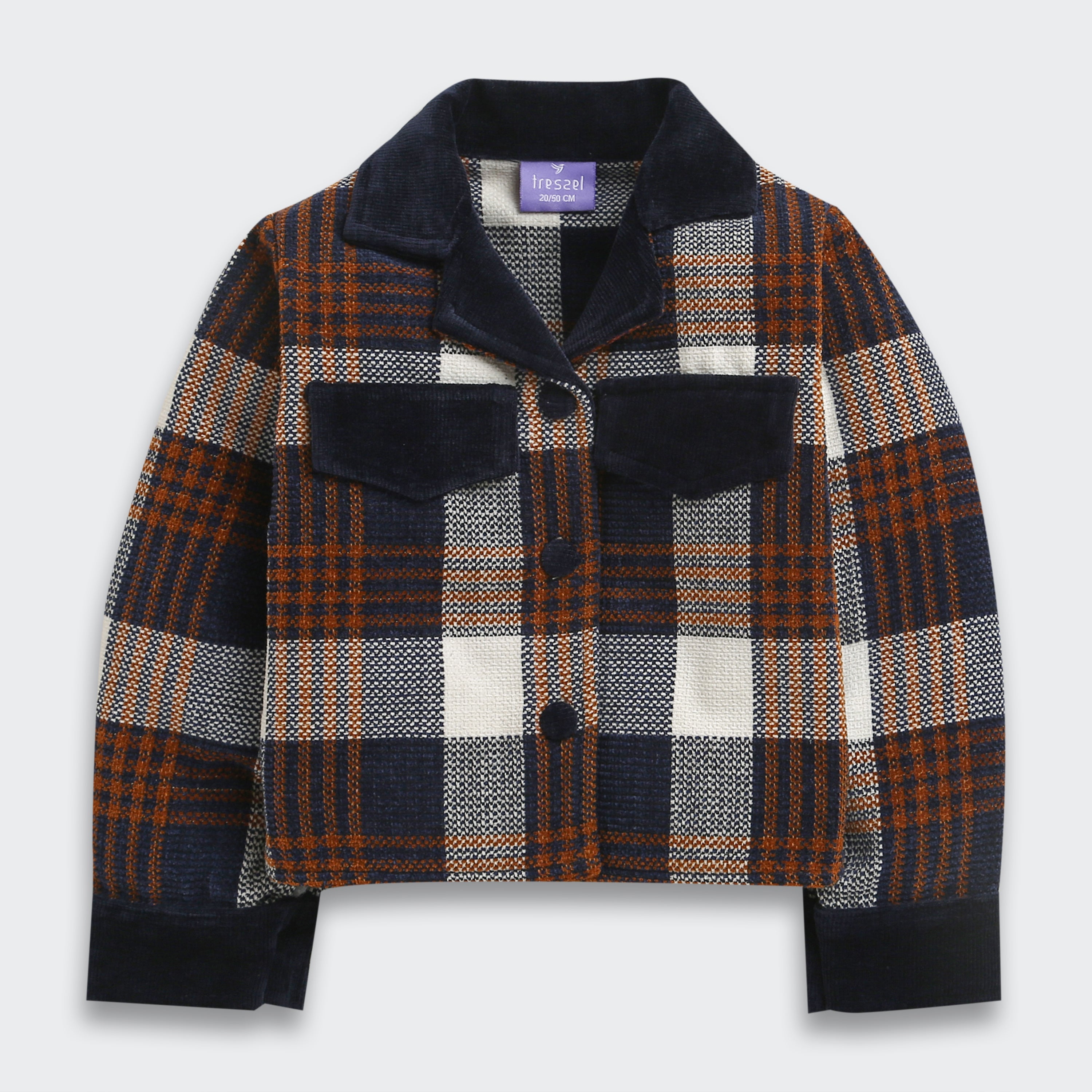 TresselGirls Navy Blue Checkered Jacket & Velvet Pant Co-Ord Set