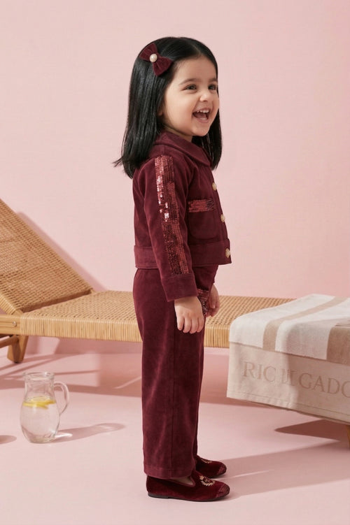 Burgundy Sequin Detail Jacket & Flared Pants Set TSSET0554