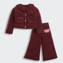 Burgundy Sequin Detail Jacket & Flared Pants Set TSSET0554