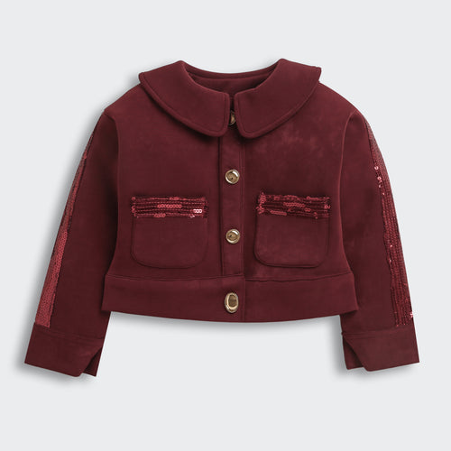 Burgundy Sequin Detail Jacket & Flared Pants Set TSSET0554