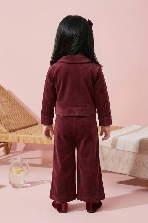 Burgundy Sequin Detail Jacket & Flared Pants Set TSSET0554