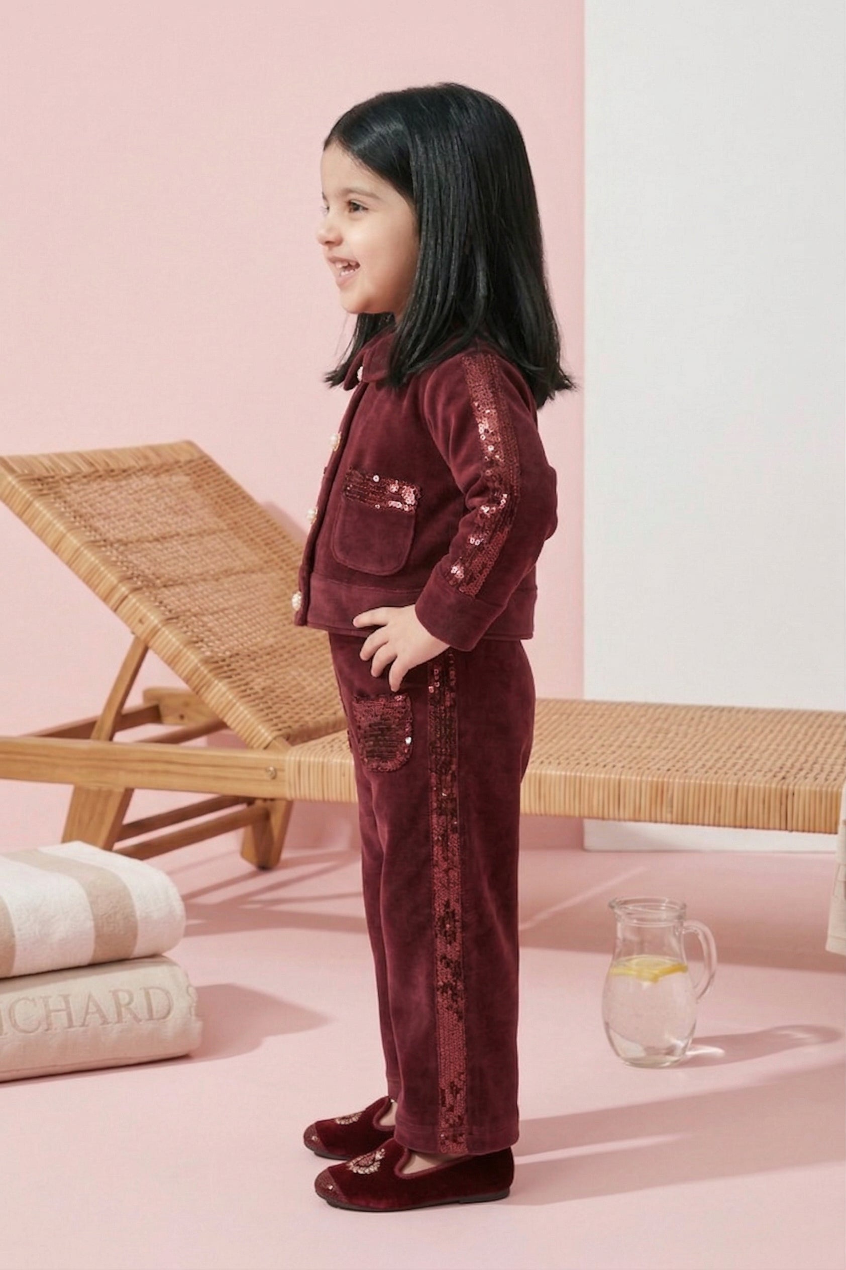 Burgundy Sequin Detail Jacket & Flared Pants Set TSSET0554