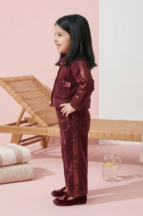 Burgundy Sequin Detail Jacket & Flared Pants Set TSSET0554