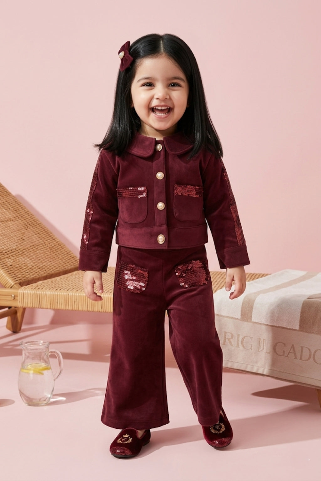 Burgundy Sequin Detail Jacket & Flared Pants Set TSSET0554