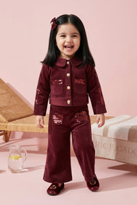 Burgundy Sequin Detail Jacket & Flared Pants Set TSSET0554