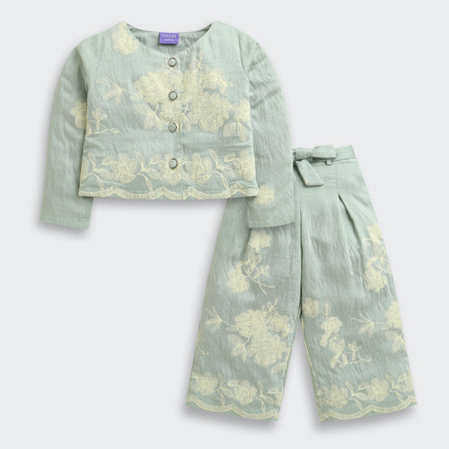 Sage Green Embroidered Jacket & Wide-Leg Pants Set TSSET40556