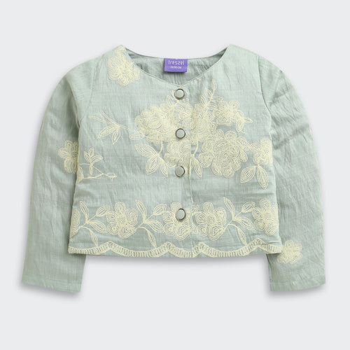 Sage Green Embroidered Jacket & Wide-Leg Pants Set TSSET40556