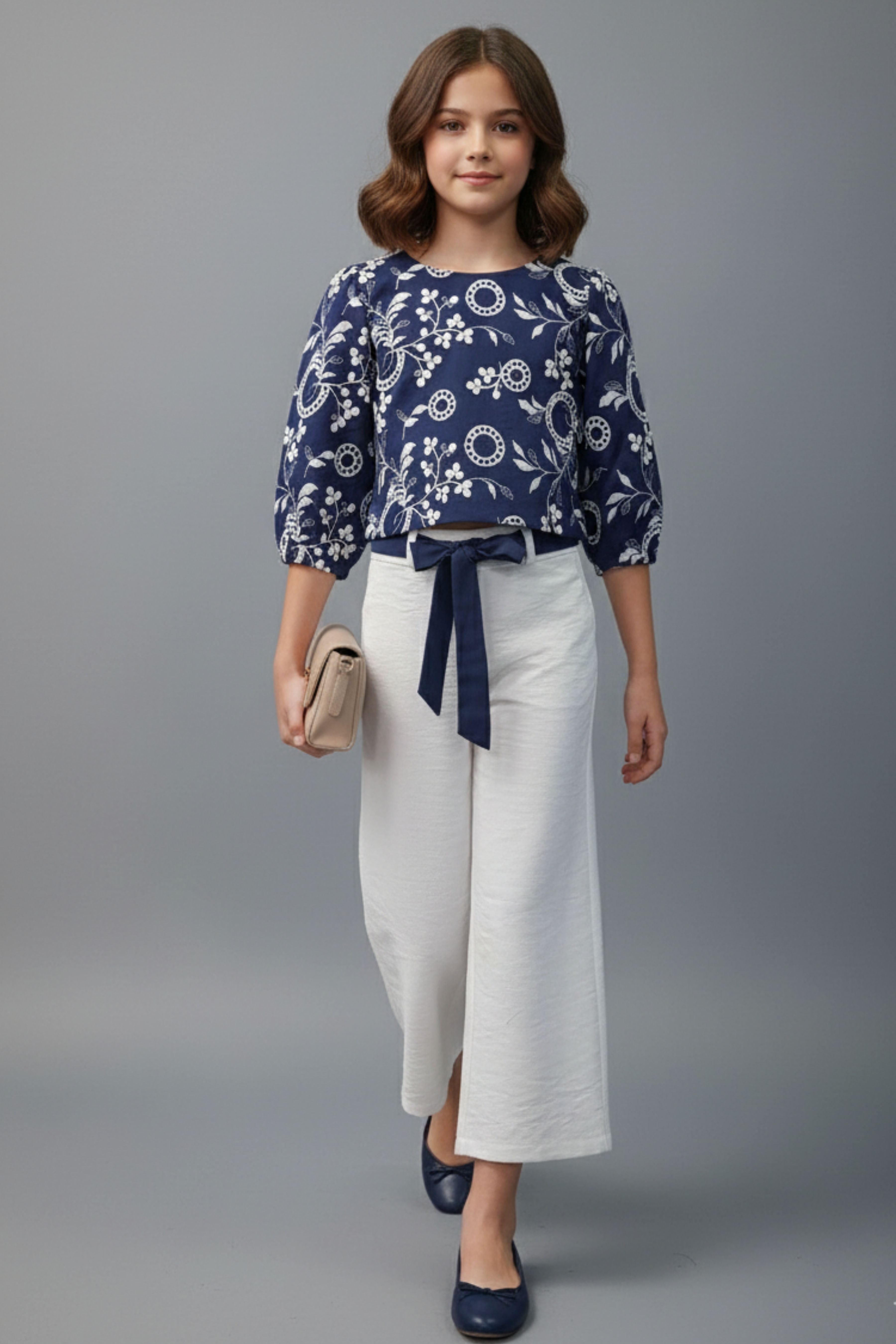 Tressel Girls Navy Blue & White Co-ord Set – Stylish Western Wear