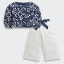 Navy Floral Top & Ivory Wide-Leg Pants Set TSSET40562