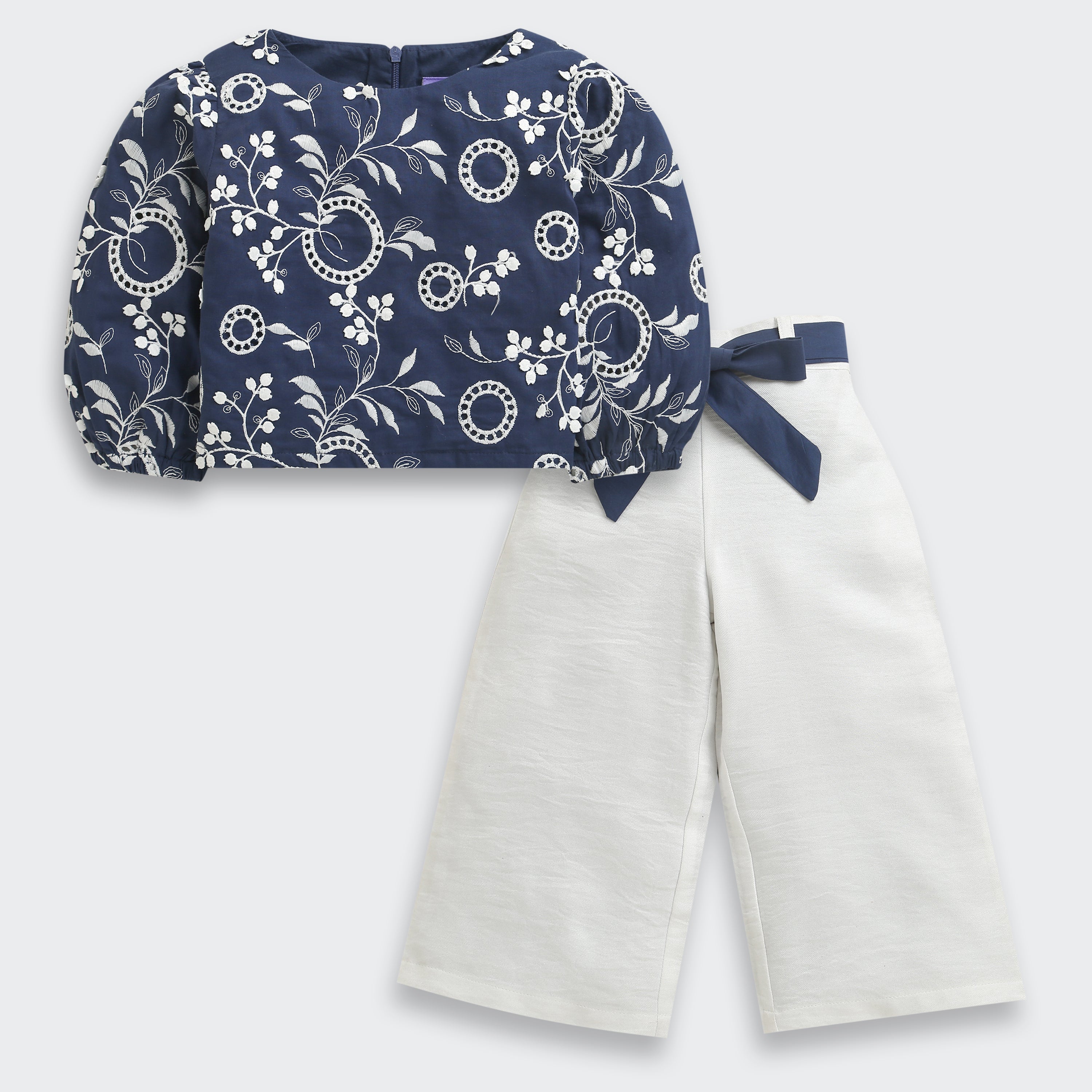 Navy Floral Top & Ivory Wide-Leg Pants Set TSSET40562
