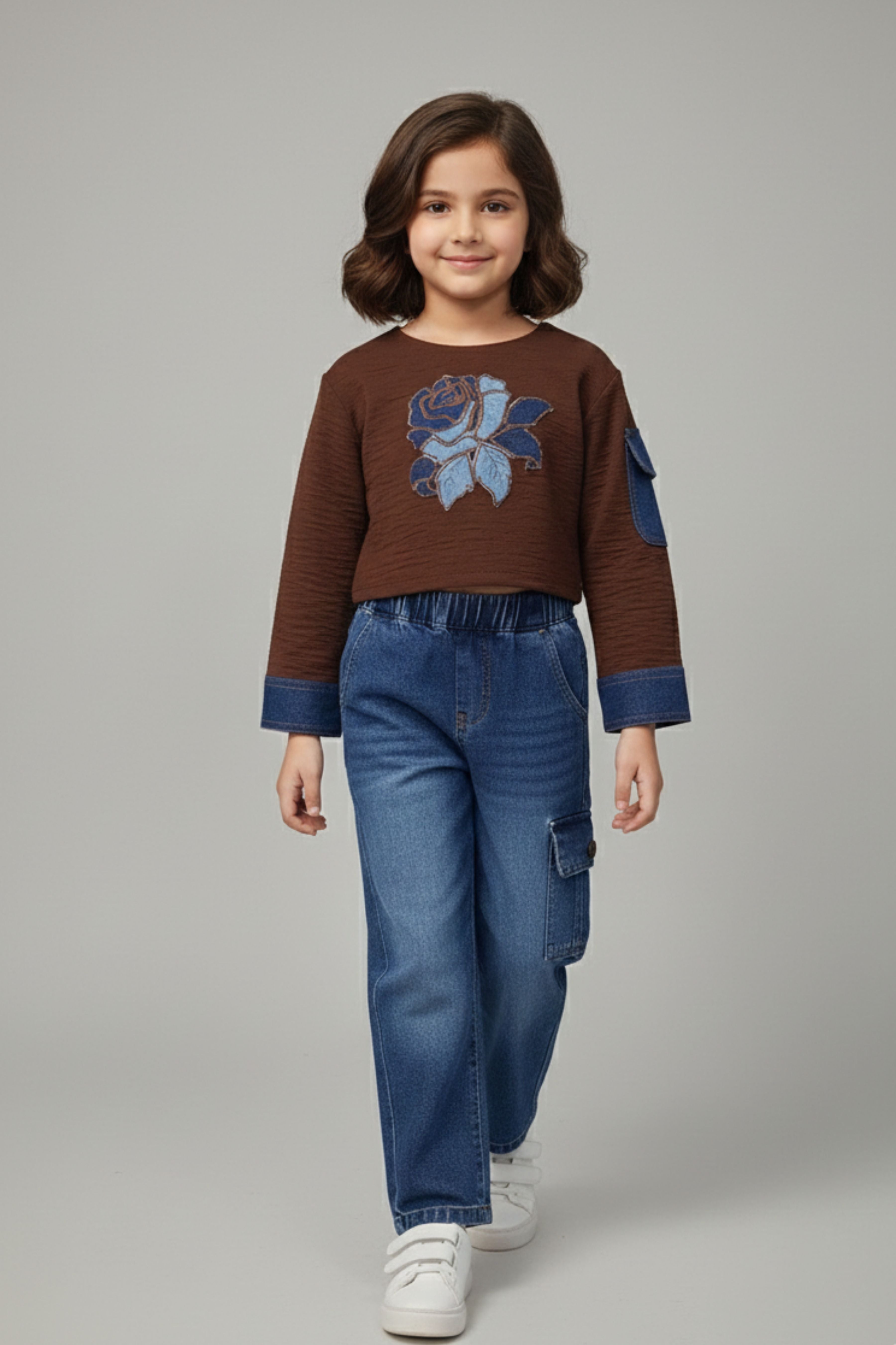 Tressel Girls Brown Rose Appliqué Top & Denim Pants Set