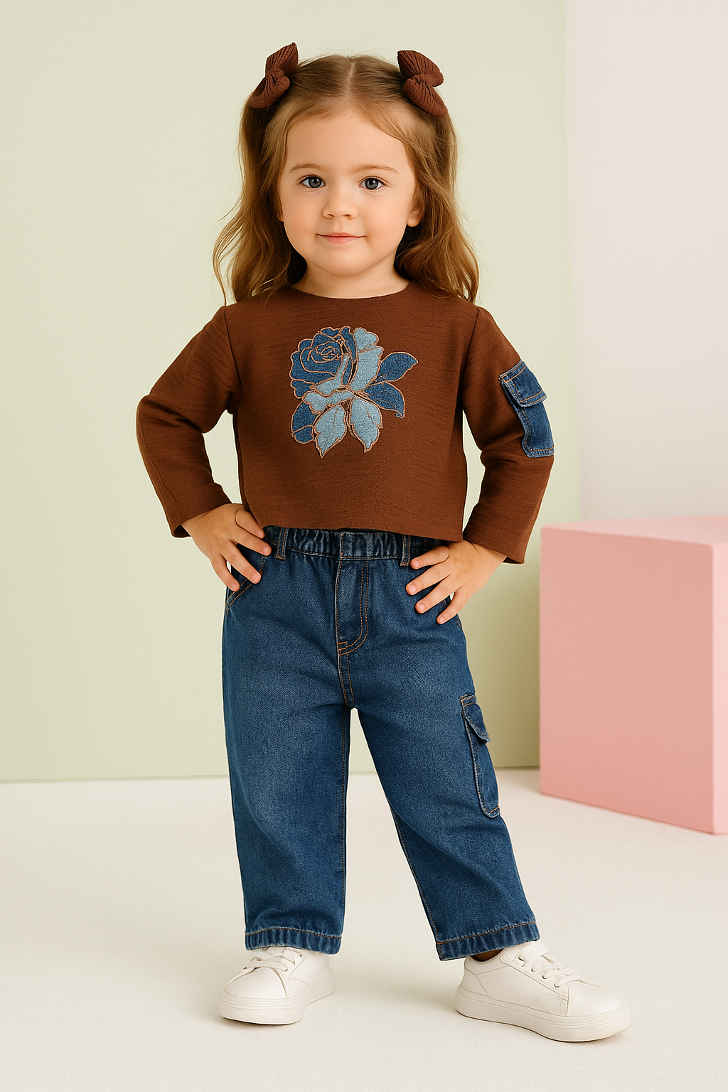 Tressel Girls Brown Rose Appliqué Top & Denim Pants Set