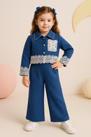 Sky Blue Lace Detail Jacket & Wide-Leg Pants Set TSSET40567