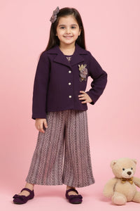 Tressel Purple Textured Jacket & Printed Pant Co-ord Set for Girls