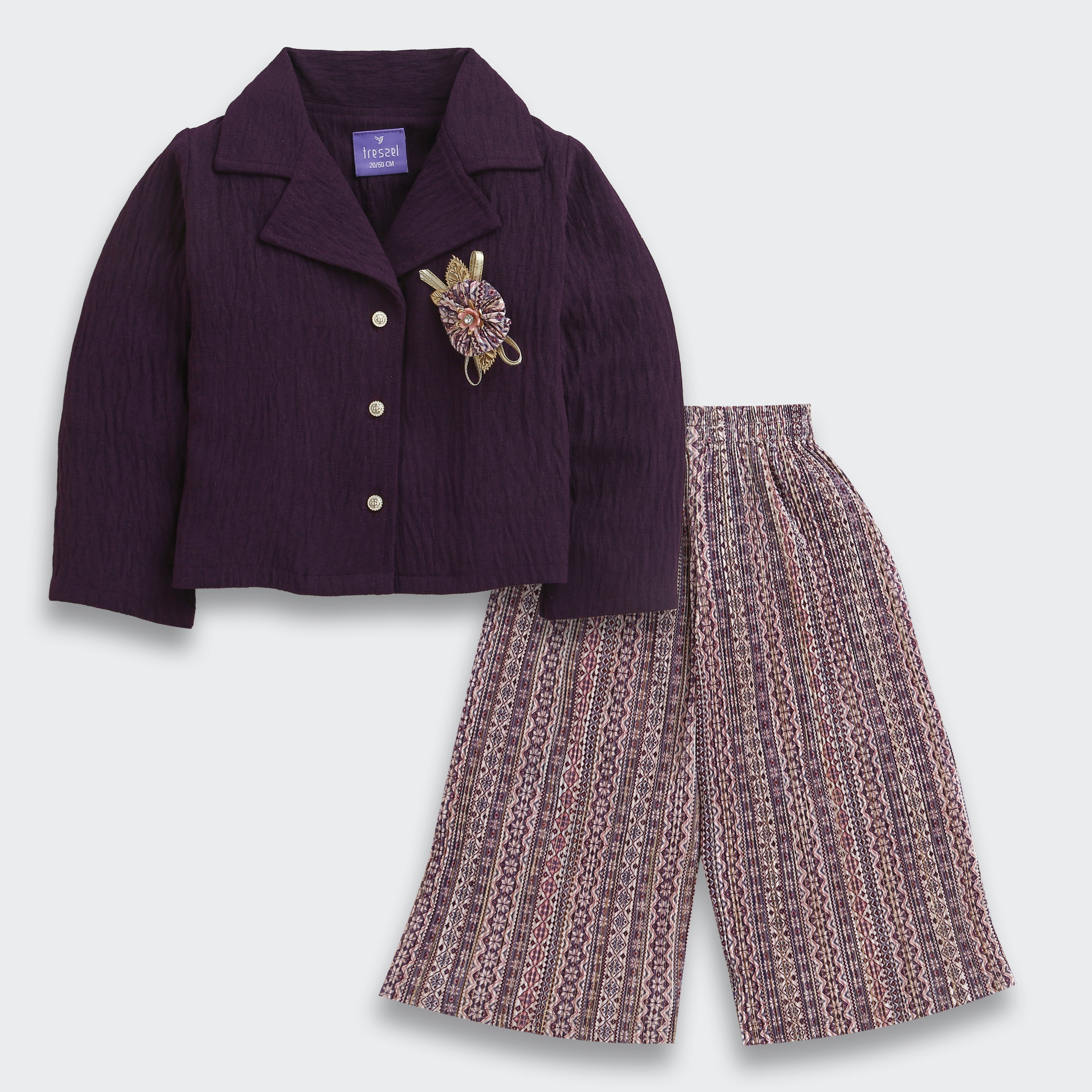 Tressel Purple Textured Jacket & Printed Pant Co-ord Set for Girls