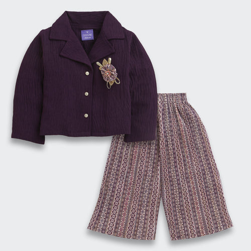 Plum Jacket & Printed Wide-Leg Pants Set TSSET40577