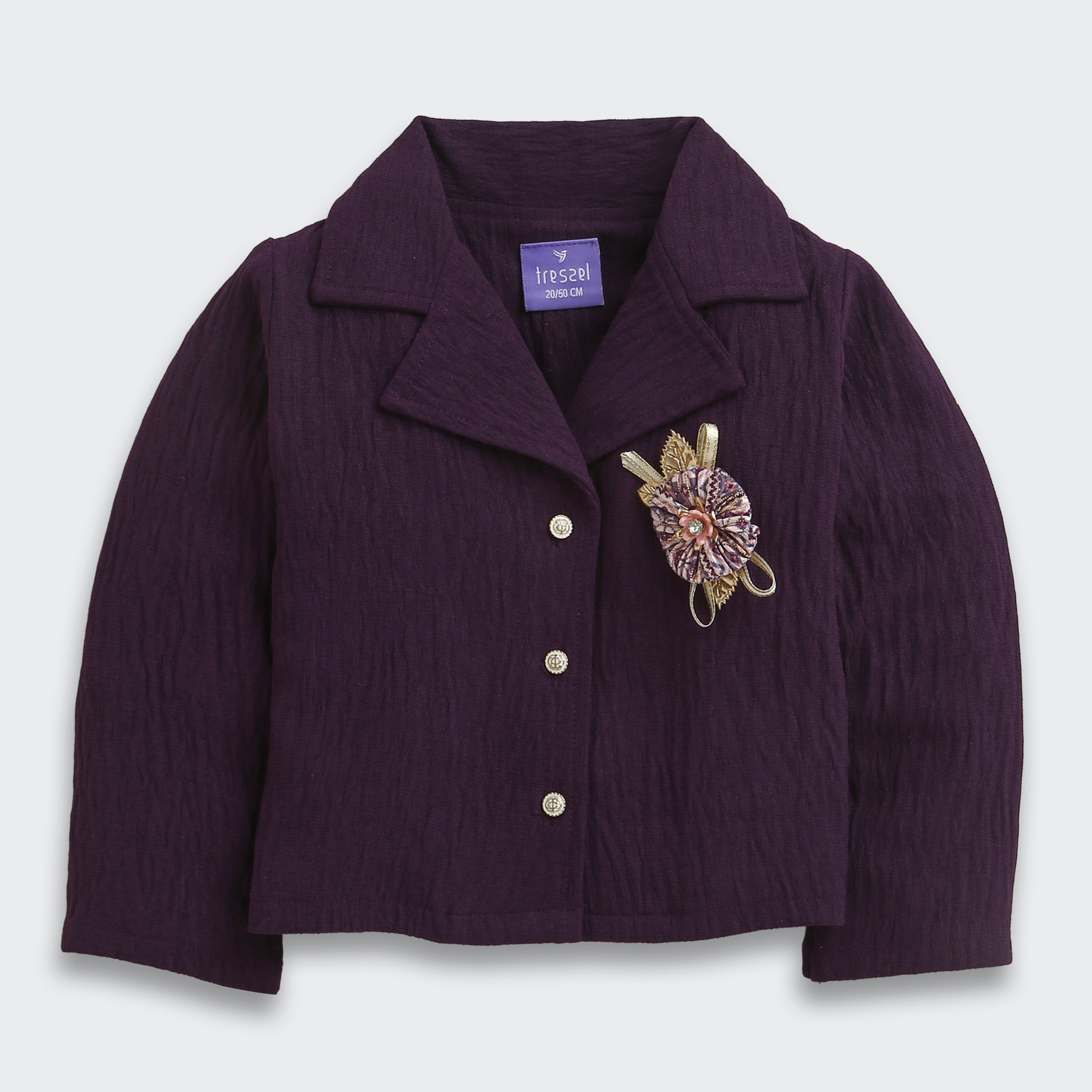 Tressel Purple Textured Jacket & Printed Pant Co-ord Set for Girls