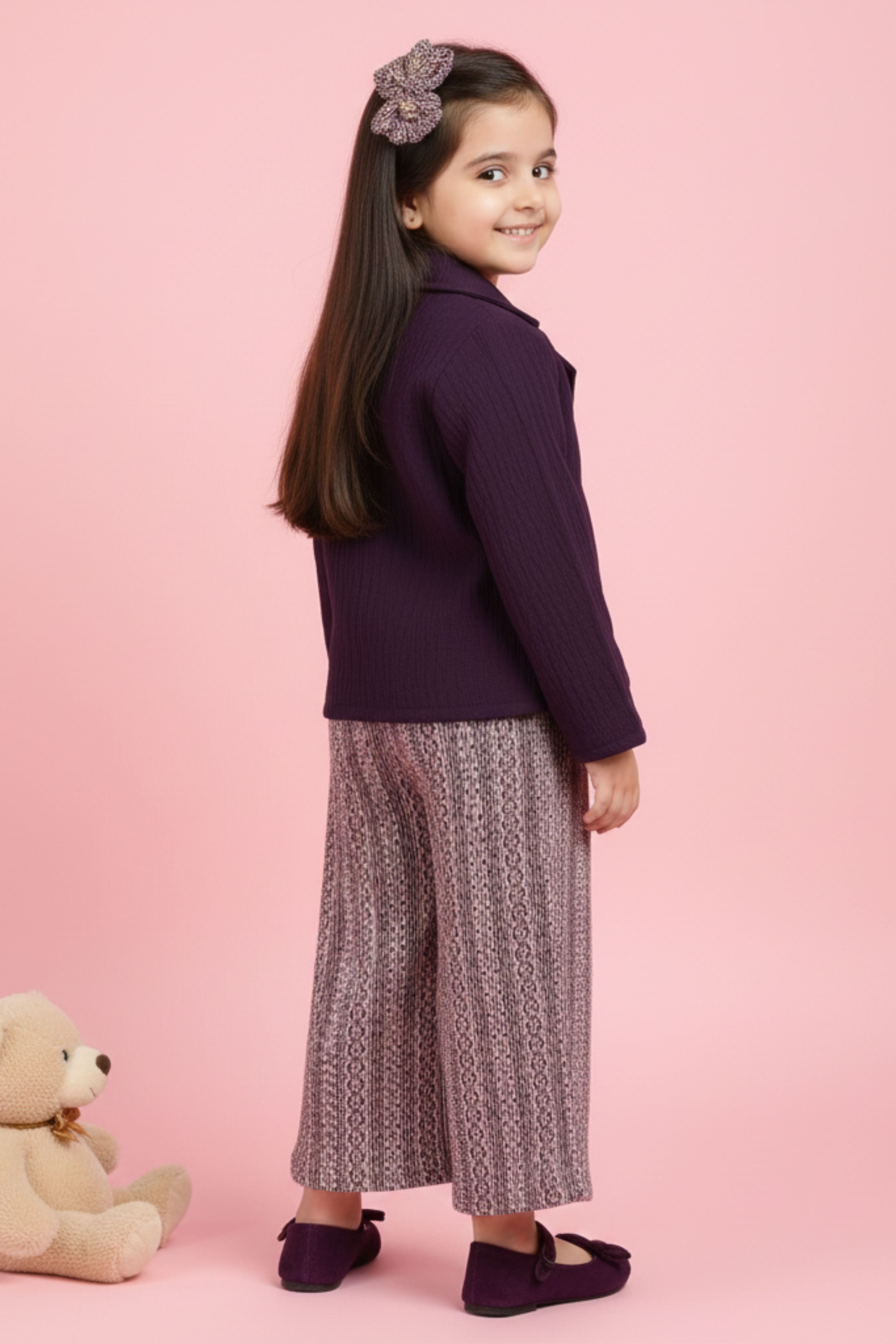 Tressel Purple Textured Jacket & Printed Pant Co-ord Set for Girls