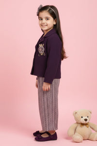 Tressel Purple Textured Jacket & Printed Pant Co-ord Set for Girls